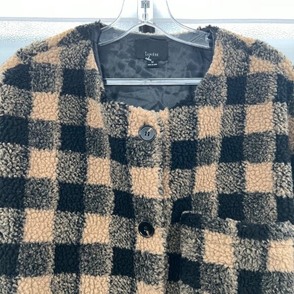 Lumiere Womens Checkered Coat Button Up Long Sleeve Tan/Black Sz Medium Pockets - Picture 2 of 9